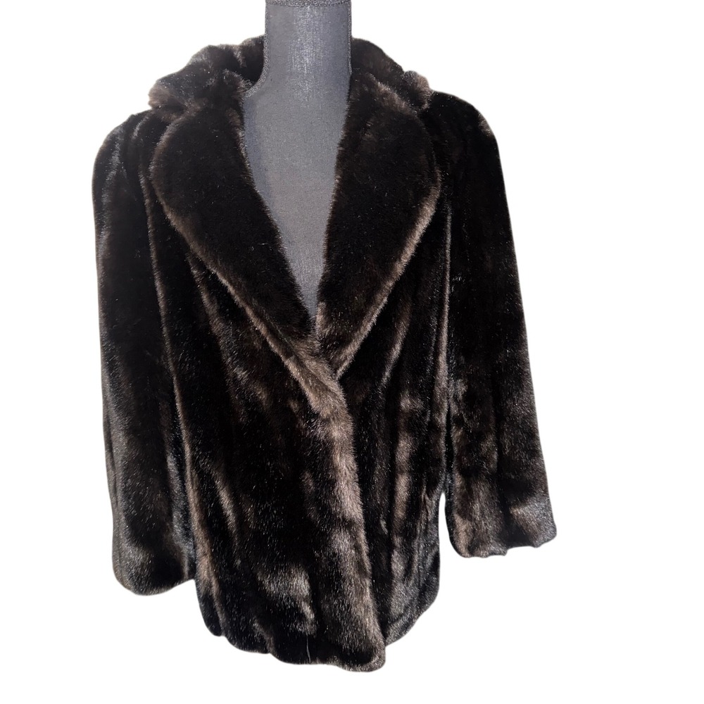 Vintage Henry Pollak New York Faux Fur Coat Jacket Black Shawl Collar Sz 10